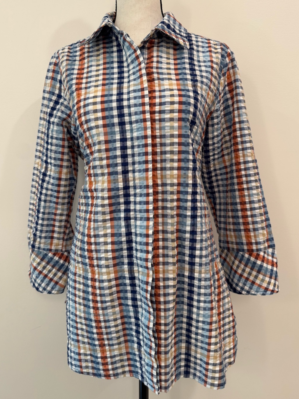 Boho Chic Nyc Plaid Seersucker Button Front Back Blouse Tunic Small